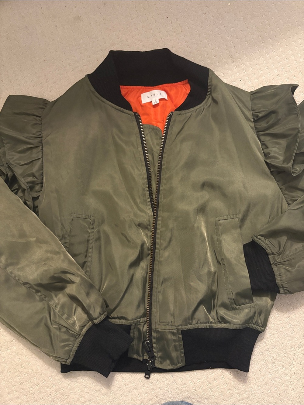 MABLE Olive Bomber Jacket with Black Trim and Orange Lining